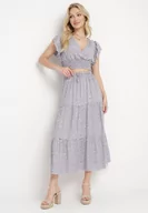 Komplety damskie - Fioletowy Komplet Bluzka z Kopertowym Dekoltem i Rozkloszowaną Spódnicą Myxia - miniaturka - grafika 1