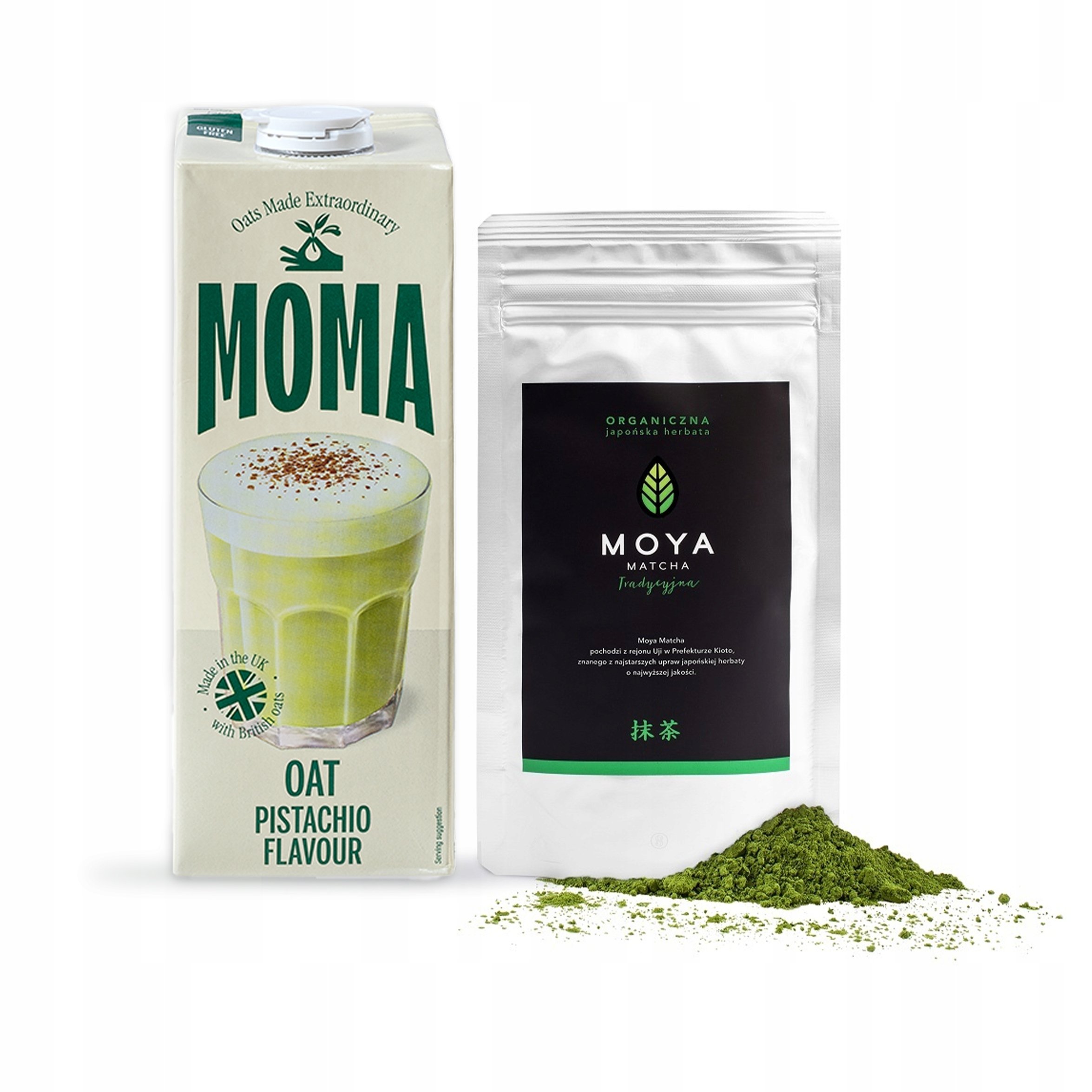Zestaw Moya Matcha Tradycyjna 100g Moma Napój owsiany o smaku pistacjowym