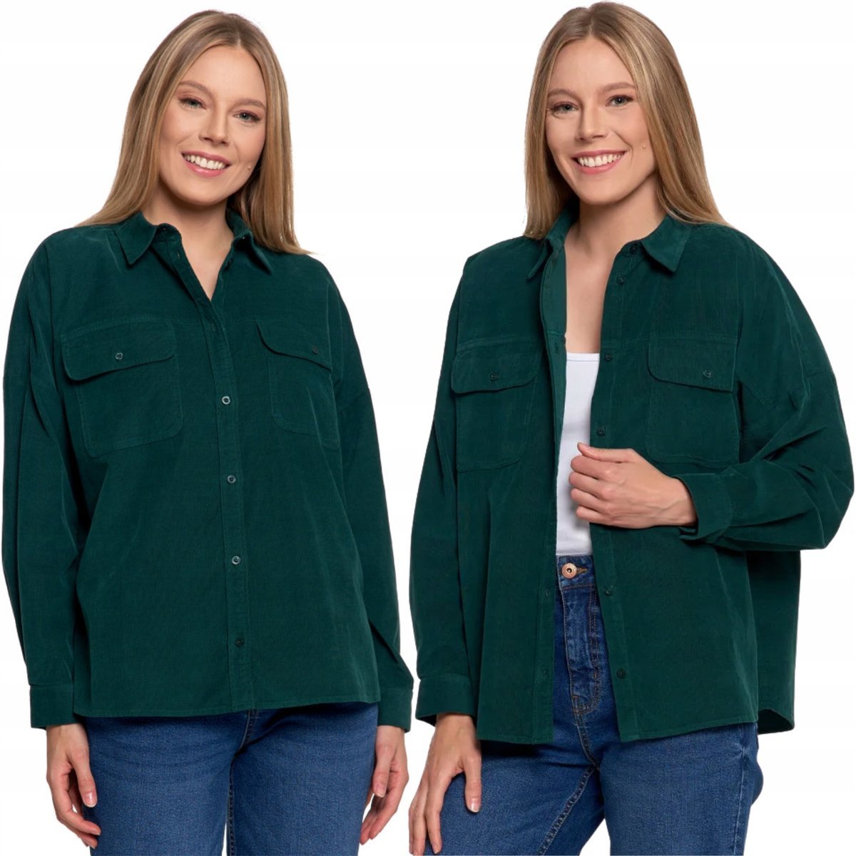 Koszula Damska Sztruksowa Luźna Bawełniana Z Kieszeniami Moraj L/Xl Dark Green