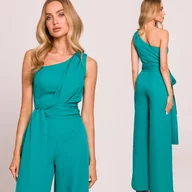 Kombinezony - Kombinezon Damski Kobiecy Na Jedno Ramię Z Szarfami Turkus 42 XL - miniaturka - grafika 1