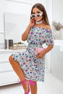 Sukienki - SUKIENKA W KWIATY HISZPANKA Z GUMKĄ W PASIE- TURKUSOWA - Olika - miniaturka - grafika 1