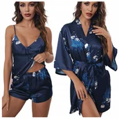 Bielizna nocna - Komplet szlafrok damski satynowy piżama dwuczęściowa - L - miniaturka - grafika 1