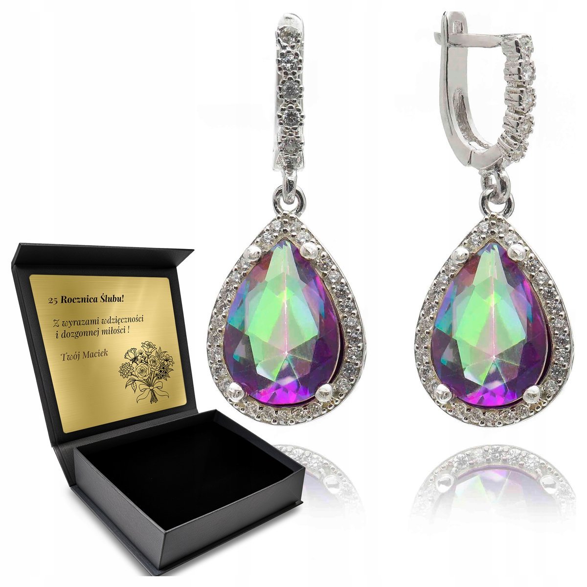 Kolczyki Srebrne 925 Cyrkonie I Topaz Biżuteria Dla Kobiety + Grawer