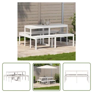 The Living Store Stół piknikowy - biały - 160x134x75 cm - lite drewno sosnowe - Stół Piknikowy - Stoły ogrodowe - miniaturka - grafika 1