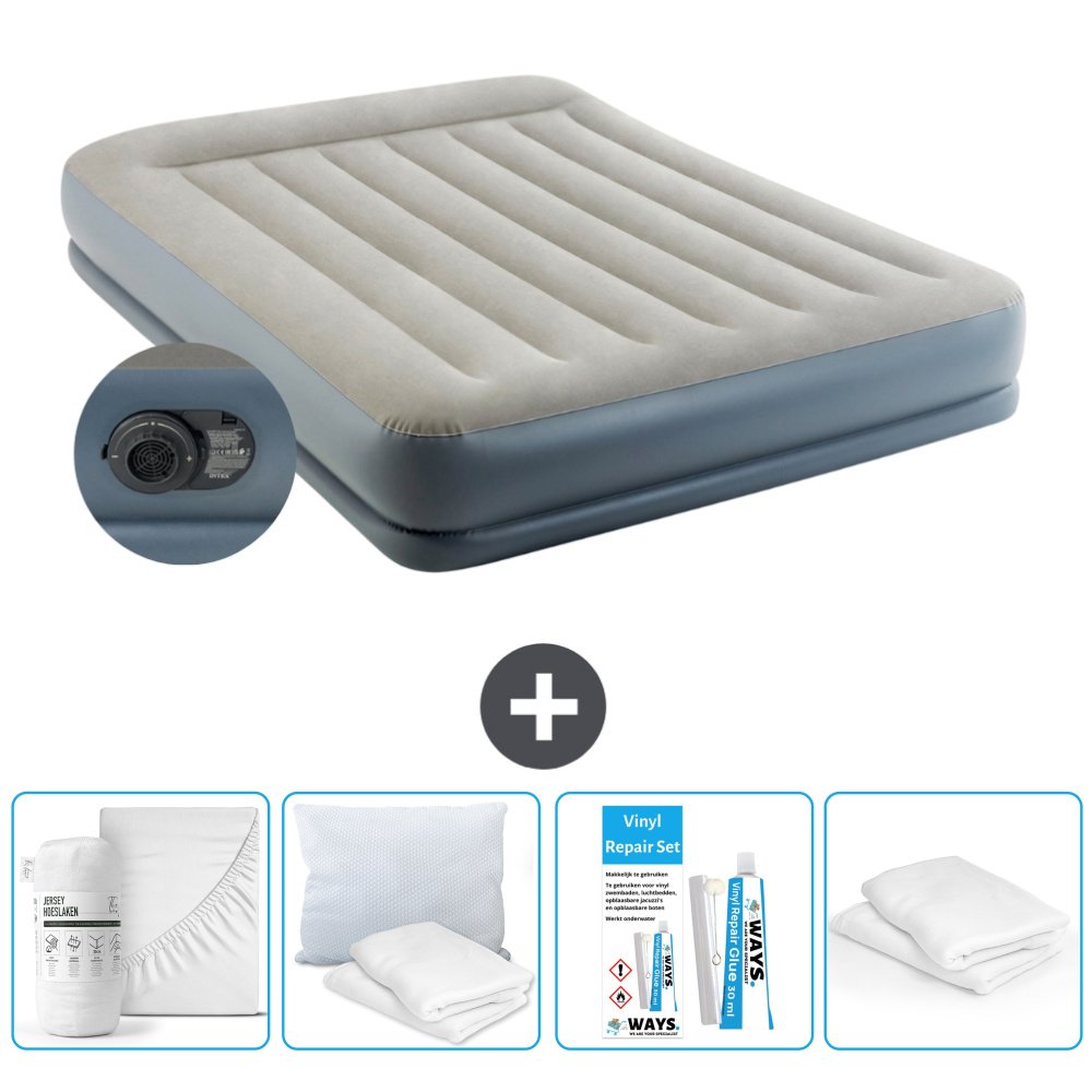 Łóżko powietrzne Intex - 2 osoby - 152 x 203 x 30 cm - Szare - Z pompką - Prześcieradło - Całowanie - Zestaw naprawczy en Ochraniacz na poduszkę