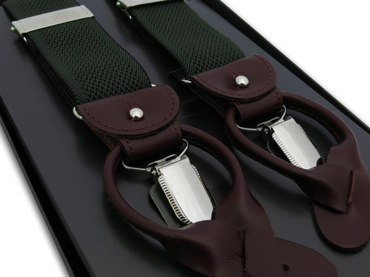 Zielone szelki do spodni na guziki z brązową skórą G71