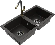 Zlewozmywaki z baterią - Mexen Mario zlewozmywak granitowy 2-komorowy z baterią kuchenną Flora, czarny/złoty metalik - 6504-75-670401-57-B - miniaturka - grafika 1