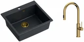Zlewozmywaki z baterią - Quadron Zlewozmywak granitowy jednokomorowy 57*50*22 cm MORGAN 110 BLACK DIAMOND ze złotym odpływem z baterią JENNIFER Q LINE SLIM z wyciąganą wylewką i funkcją prysznica kolor złoty - miniaturka - grafika 1