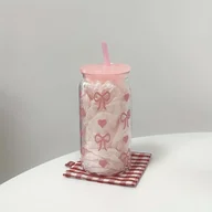 Inne - TEMU 16oz Różowy Kubek Podróżny z Kokardką, Słomką i Pokrywką - Bez BPA, Idealny na Prezent na Walentynki i Dzień - miniaturka - grafika 1
