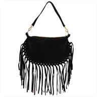 Torebki damskie - Włoska listonoszka z frędzlami skóra naturalna zamszowa czarna - miniaturka - grafika 1