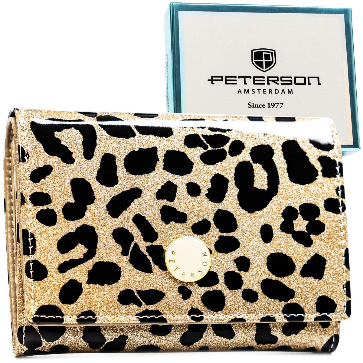 Modny portfel damski PETERSON mały skórzany elegancki lakierowany karty gotówka ochrona RFID złoty