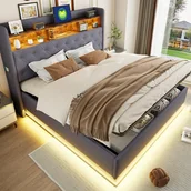 Meble do sypialni - Łóżko ze skrzynią na pościel 180x200 cm - z wtyczkami LED i USB - Szare - miniaturka - grafika 1