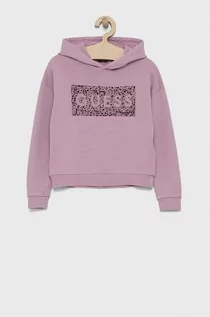 Bluzy damskie - Guess Bluza bawełniana dziecięca kolor różowy z kapturem gładka - grafika 1