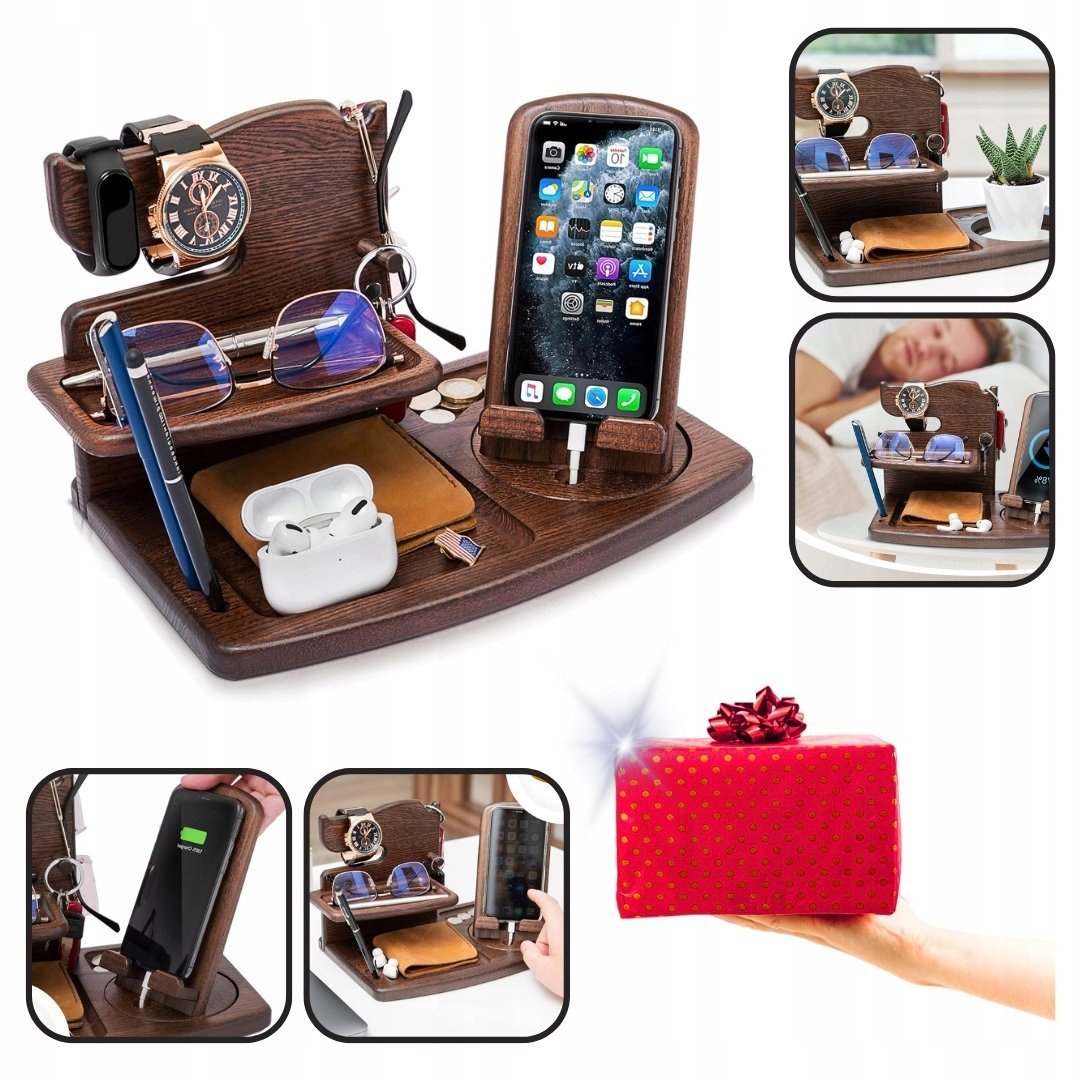 Drewniana stacja dokująca na telefon, stojak na portfel i zegarki Organizer
