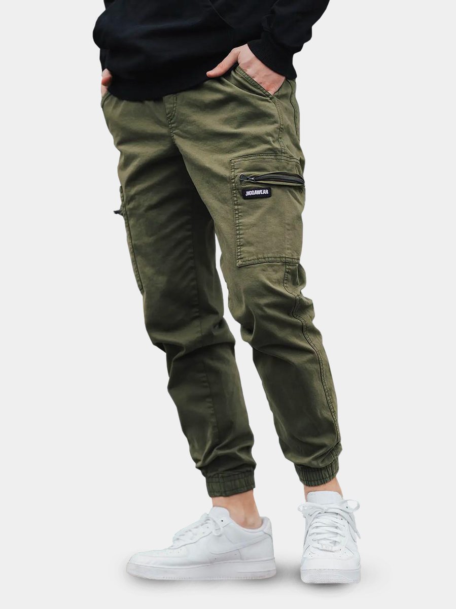 Spodnie Materiałowe Jogger Bojówki Męskie Oliwkowe Jigga Wear Stripe Zip Cargo XXL
