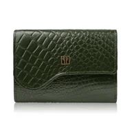 Portfele - Portfel damski skórzany mały ciemnozielony croco w orientacji poziomej z RFID T-135-GR - miniaturka - grafika 1