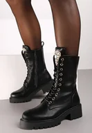 Botki damskie - Czarne Botki Workery z Kryształowym Serduszkiem na Szerokim Języku Fesslin - miniaturka - grafika 1