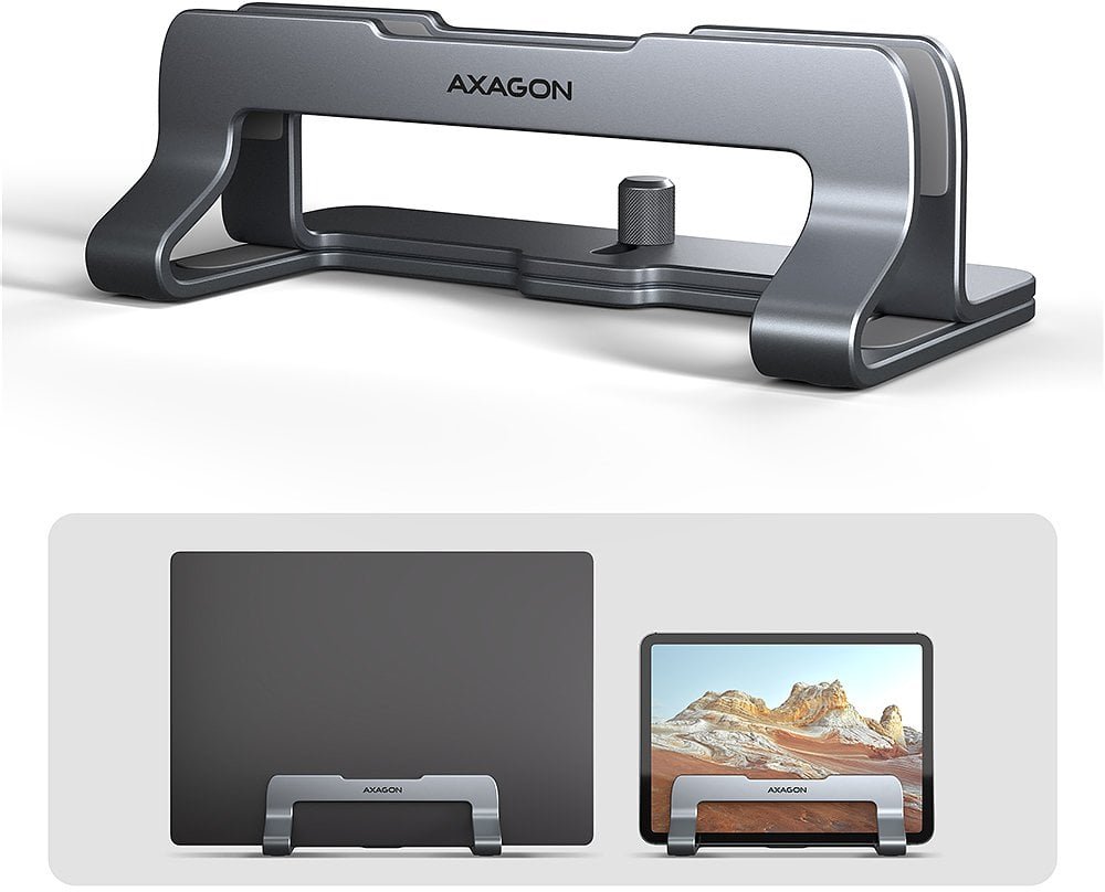 Axagon STND-VG Pionowy stojak na laptopa, regulowana szerokość, Aluminium - szary