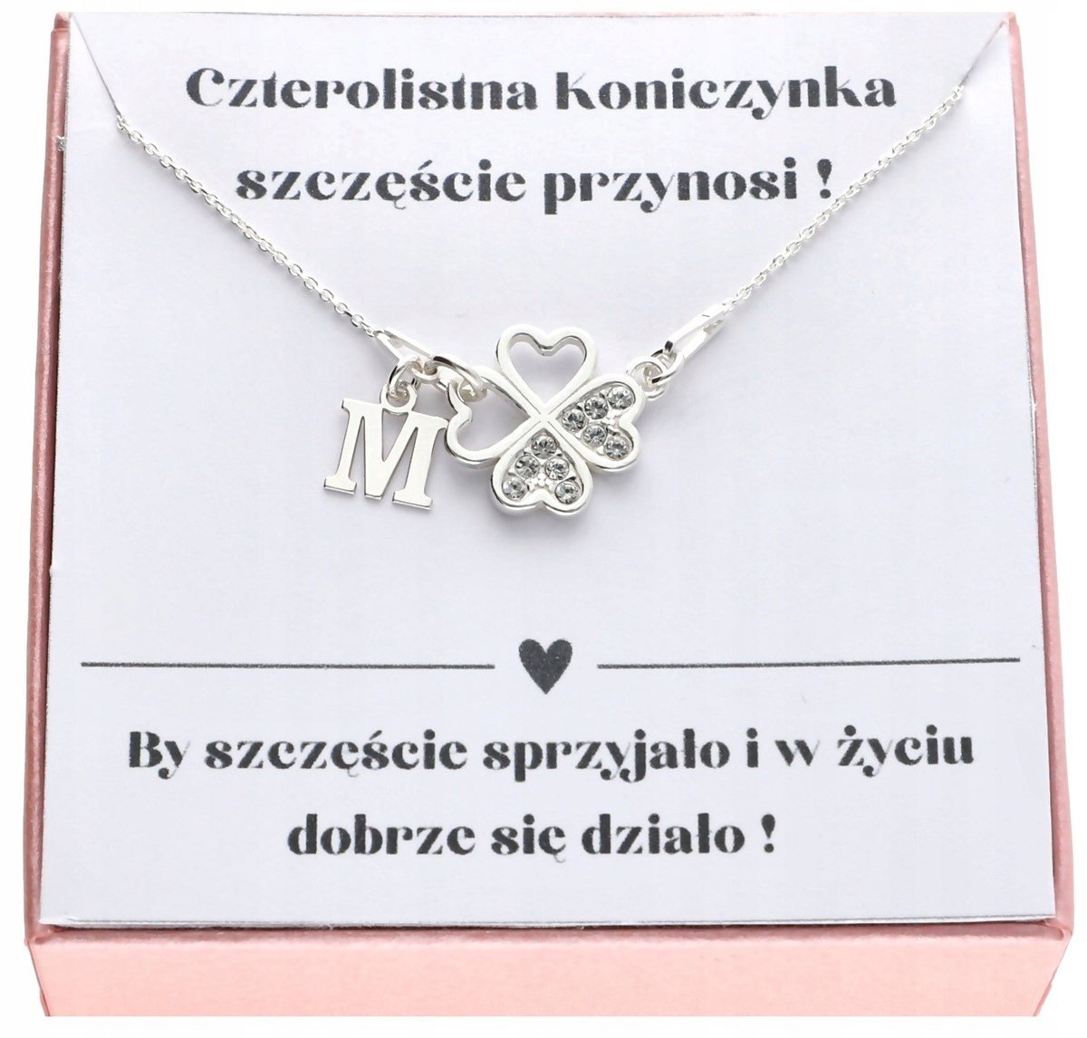 Srebrny naszyjnik z koniczynką na szczęście DOWOLNA LITERKA SREBRO 925