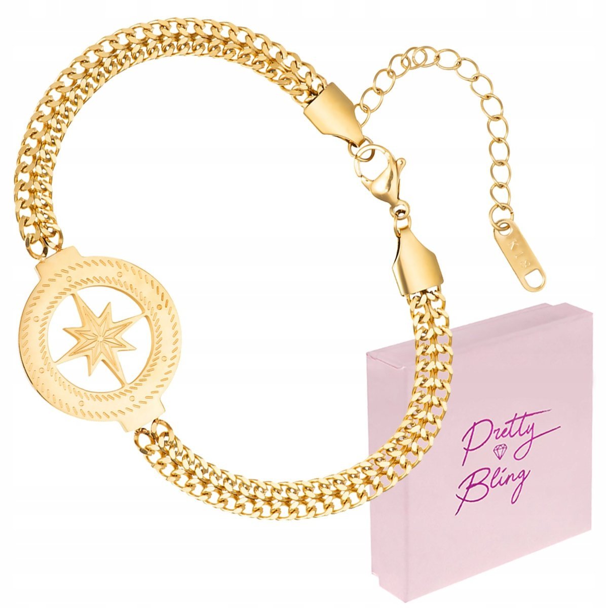 Bransoletka damska pozłacana GWIAZDA ośmioramienna REGULOWANA STAL 316L