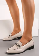 Mokasyny damskie - Beżowe Lakierowane Mokasyny Loafersy ze Skórzaną Wkładką Ozdobione Klamrą Rinfada - miniaturka - grafika 1