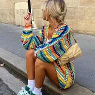 Swetry damskie - TEMU ZJ0922002 Damski Oversize'owy Miękki Kardigan, Wielokolorowy Pasiasy Sweter z Długim Rękawem i Falbankami, Boho Płaszcz Jesienny - miniaturka - grafika 1