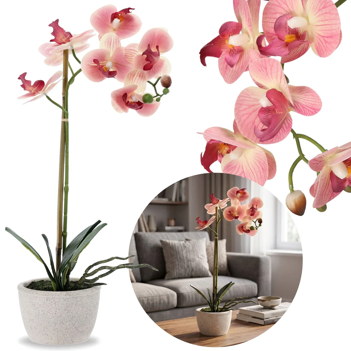 Sztuczny storczyk Łososiowa orchidea W DONICZCE, JAK ŻYWY, ozdobny kwiat 43 cm