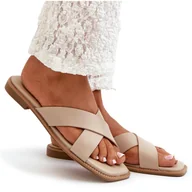 Klapki i japonki damskie - Klapki Damskie Na Płaskim Obcasie Z Eko Skóry S.Barski KV27-002 Beżowe beżowy - miniaturka - grafika 1