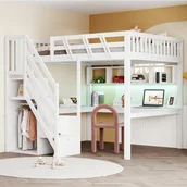 Łóżka dla dzieci i młodzieży - Łóżko piętrowe 140 x 200 cm z biurkiem narożnym, 1 drążkiem na wieszaki - Sosna + sklejka + MDF - Diody LED i porty USB - Białe - miniaturka - grafika 1