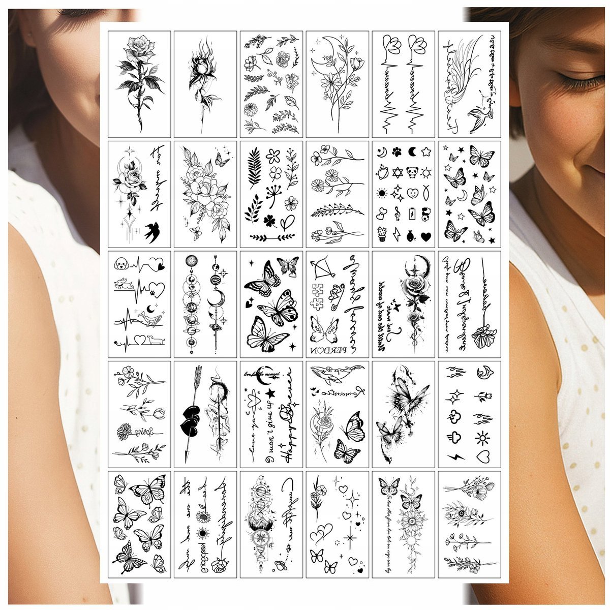 TATUAŻE ZMYWALNE DLA DZIECI RÓŻA MOTYL KWIAT SERCE MIX 30 WZORÓW