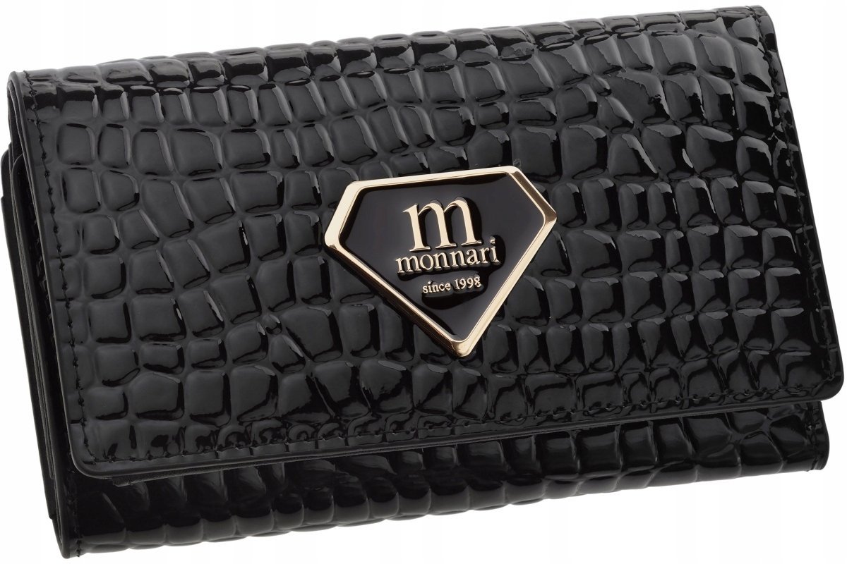 Lakierowany Portfel Damski Monnari Portmonetka Na Zamek Czarny Średni Logo