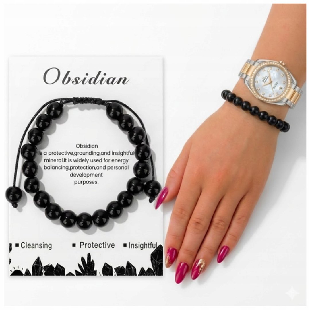 Bransoletka Regulowana Obsydian Kamień Naturalny Amulet Ochrony Mocy Siły