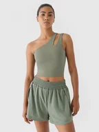 Koszulki sportowe damskie - Damski crop top treningowy na jedno ramię 4F x Anna Lewandowska 4FALSAW24TFSLF515 - zielony - 4F x AL - miniaturka - grafika 1
