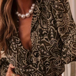 TEMU Elegancka Bluzka Damska w Różowo-Fioletowe Wzory Paisley z Bufiastymi Rękawami - Tunika o Długich Rękawach ze Stójkową Kołnierzyczką, - Koszule damskie - miniaturka - grafika 1