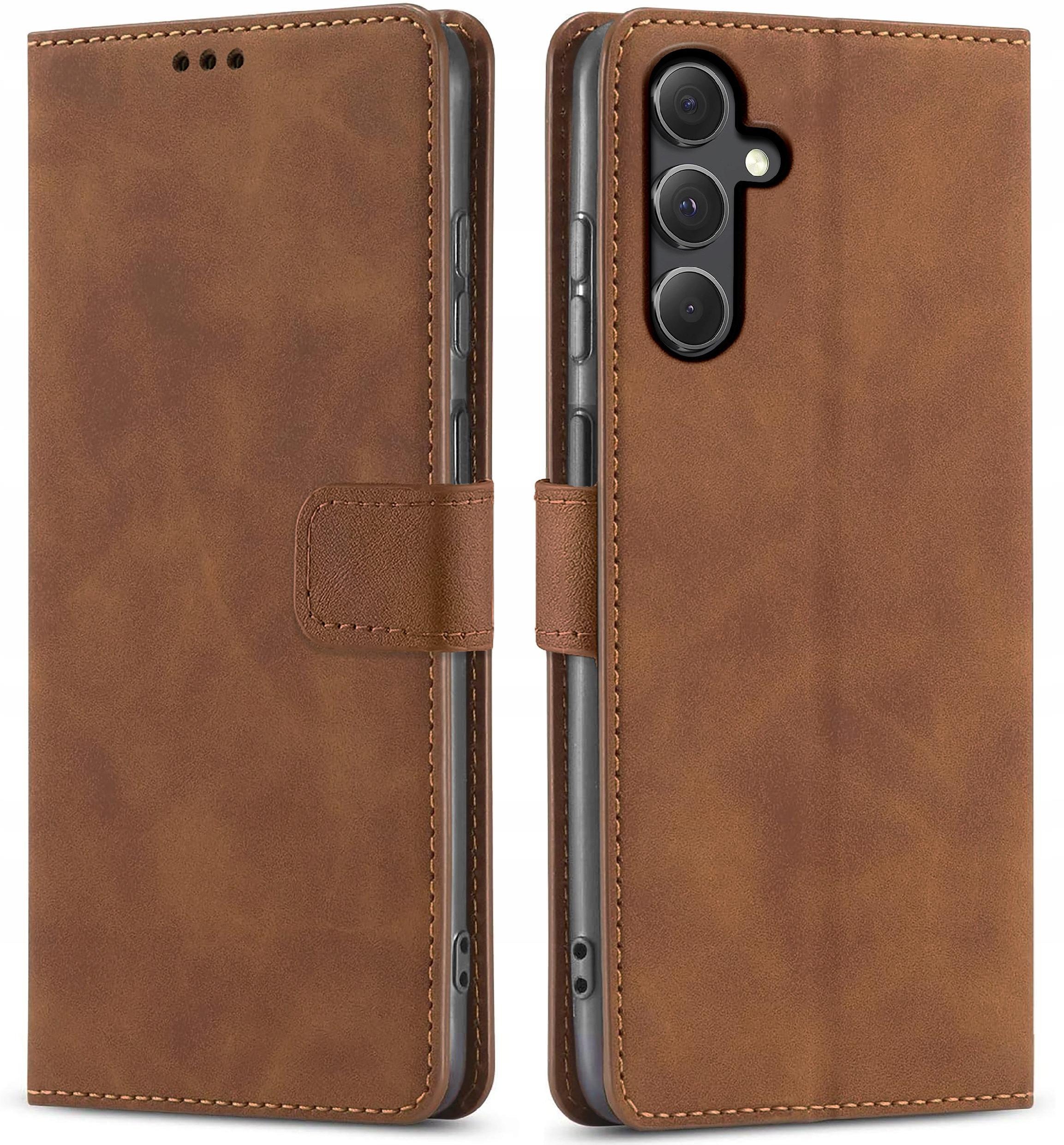 ETUI Z KLAPKĄ do Samsung S23 FE BRĄZOWE ZAMYKANE CASE + SZKŁO