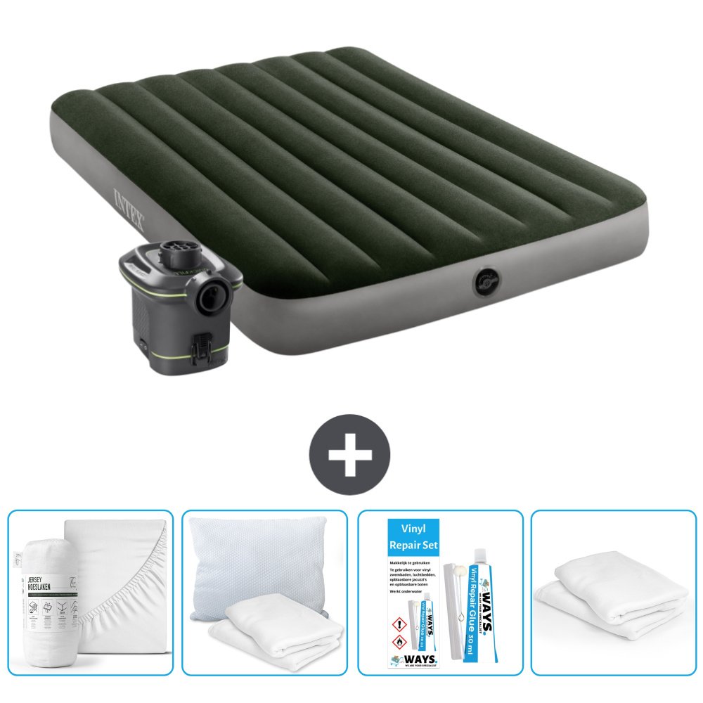 Intex Airbed - Łóżko podwójne - 137 x 191 x 25 cm - Zielony - W zestawie pompka - prześcieradło - zestaw naprawczy en ochraniacz na poduszkę