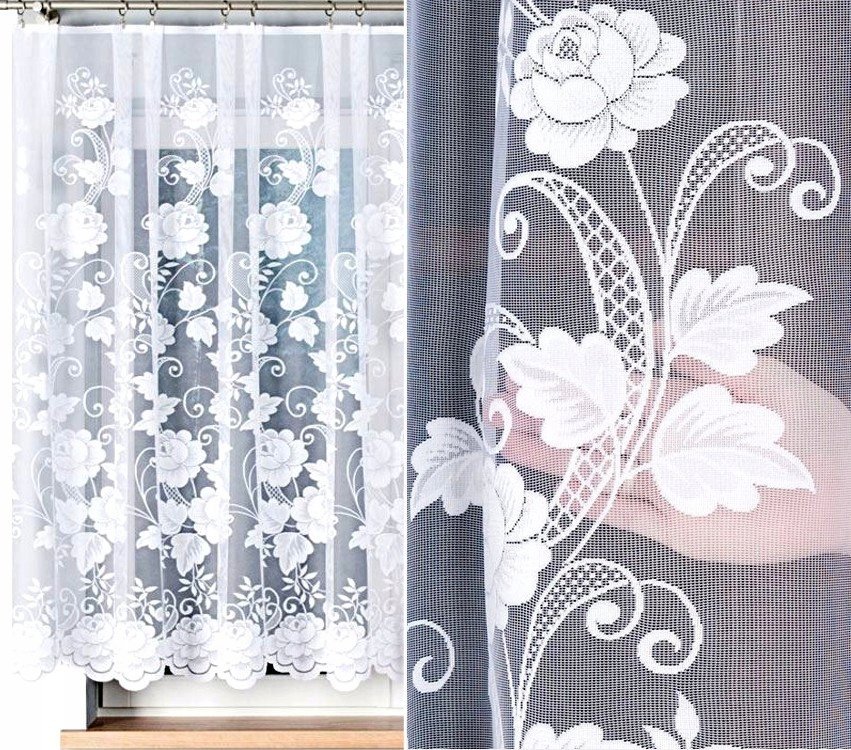 Firana żakardowa wzór 023006, 400x150cm prosta w kwiaty (z obszyciem)