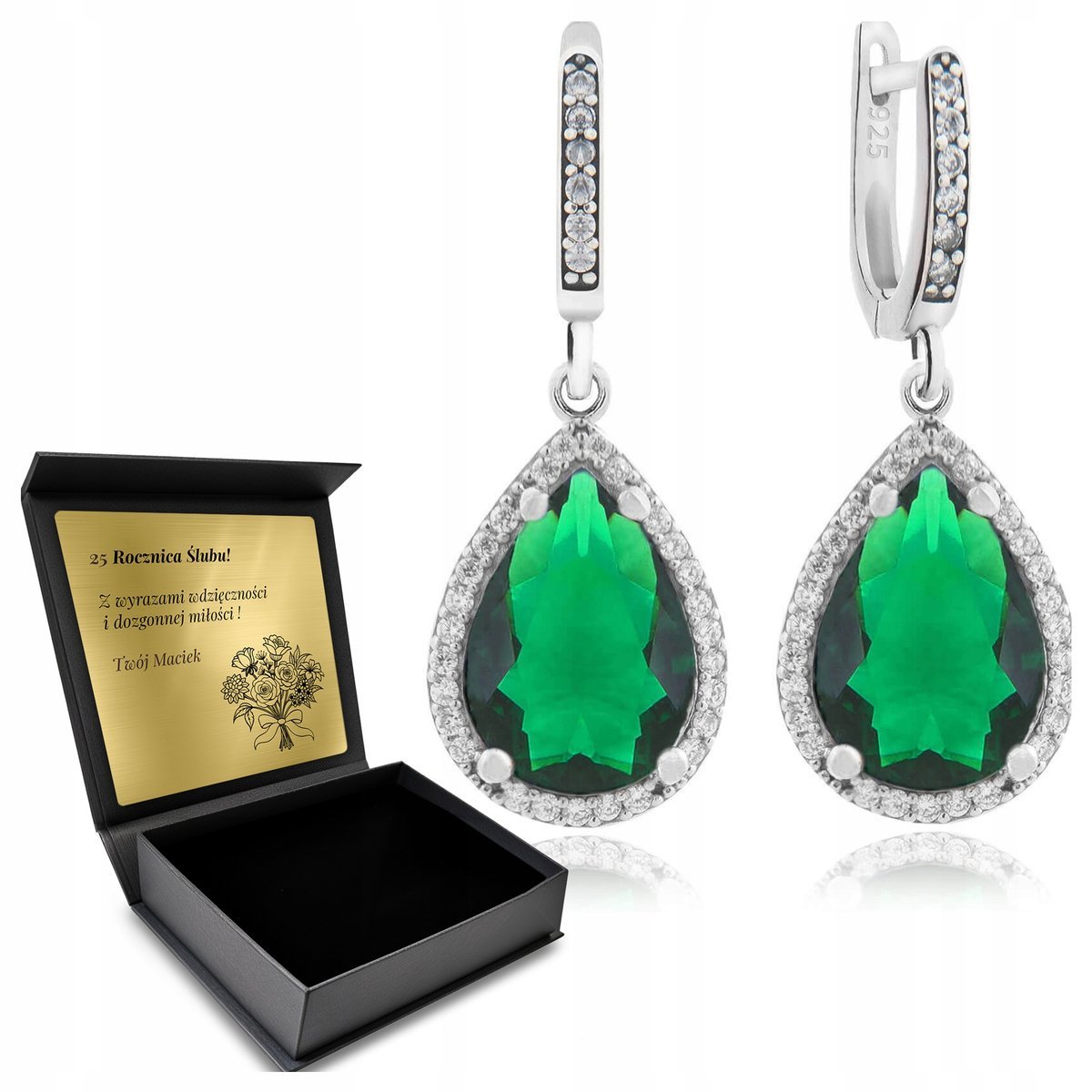 Kolczyki Srebrne 925 Cyrkonie I Szmaragd Biżuteria Dla Kobiety + Grawer