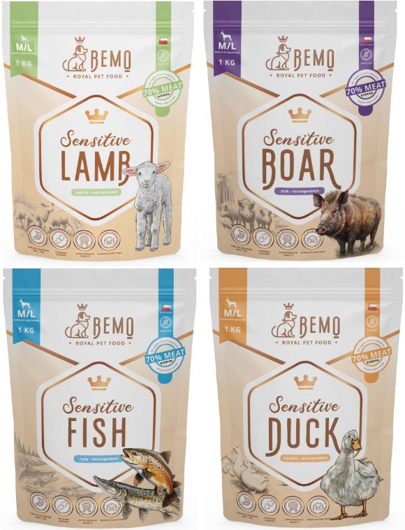 Bemo Sensitive Monoprotein M/L 4 Smaki jagnięcina kaczka ryba dzik 4kg