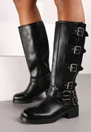 Kozaki damskie - Czarne Płaskie Kozaki w Stylu Biker z Regulowanymi Paskami Mevarae - miniaturka - grafika 1