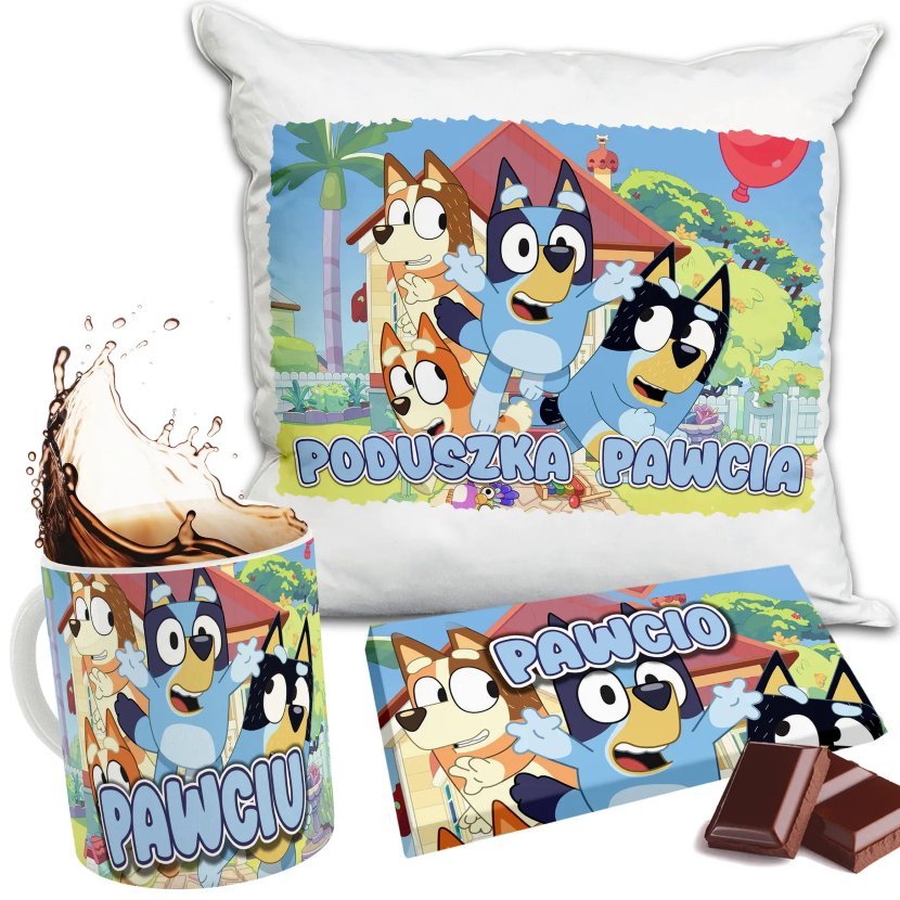 Zestaw BLUEY BLUE Kubek + Poduszka + Czekolada + Imię Prezent Nadruk
