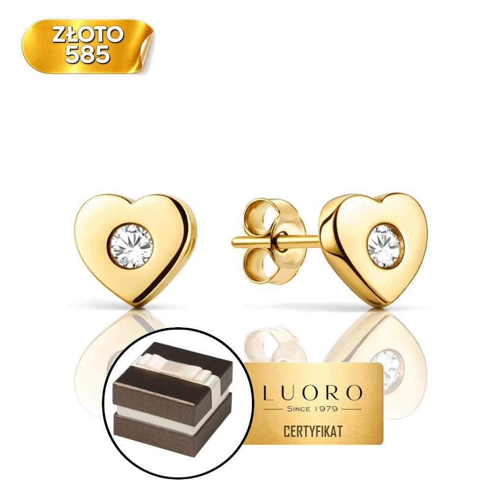 KOLCZYKI ZŁOTE 585 14K SERCE Z CYRKONIĄ SZTYFT 6 MM ELEGANCKIE
