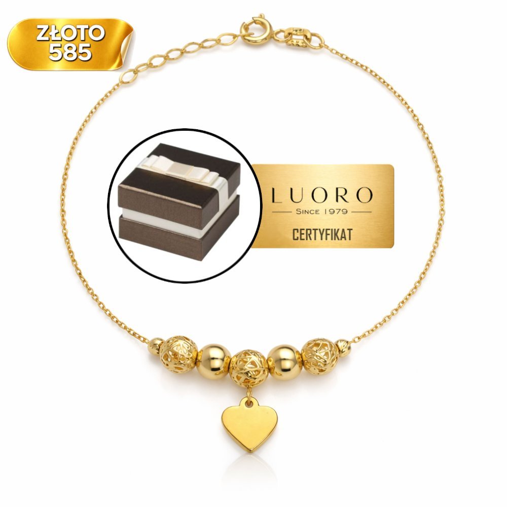 BRANSOLETKA ZŁOTA 585 14K AŻUROWE KULKI SERCE 17 CM REGULOWANA ELEGANCKA