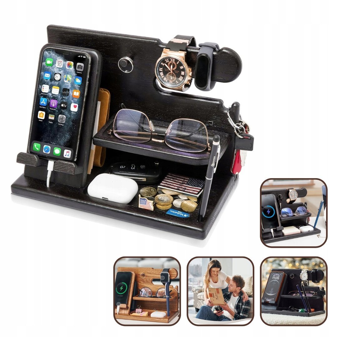 Drewniana stacja dokująca na telefon, stojak na portfel i zegarki Organizer