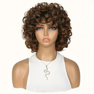 TEMU Unisex 12" Czarny Krótki Peruk W Stylu Bob Z Włosami - Termoodporny Syntetyczny Włókno, Bouncy Curly Waves, Cap, Elegancki Podstawowy Styl Dla - Pozostałe akcesoria fryzjerskie - miniaturka - grafika 1