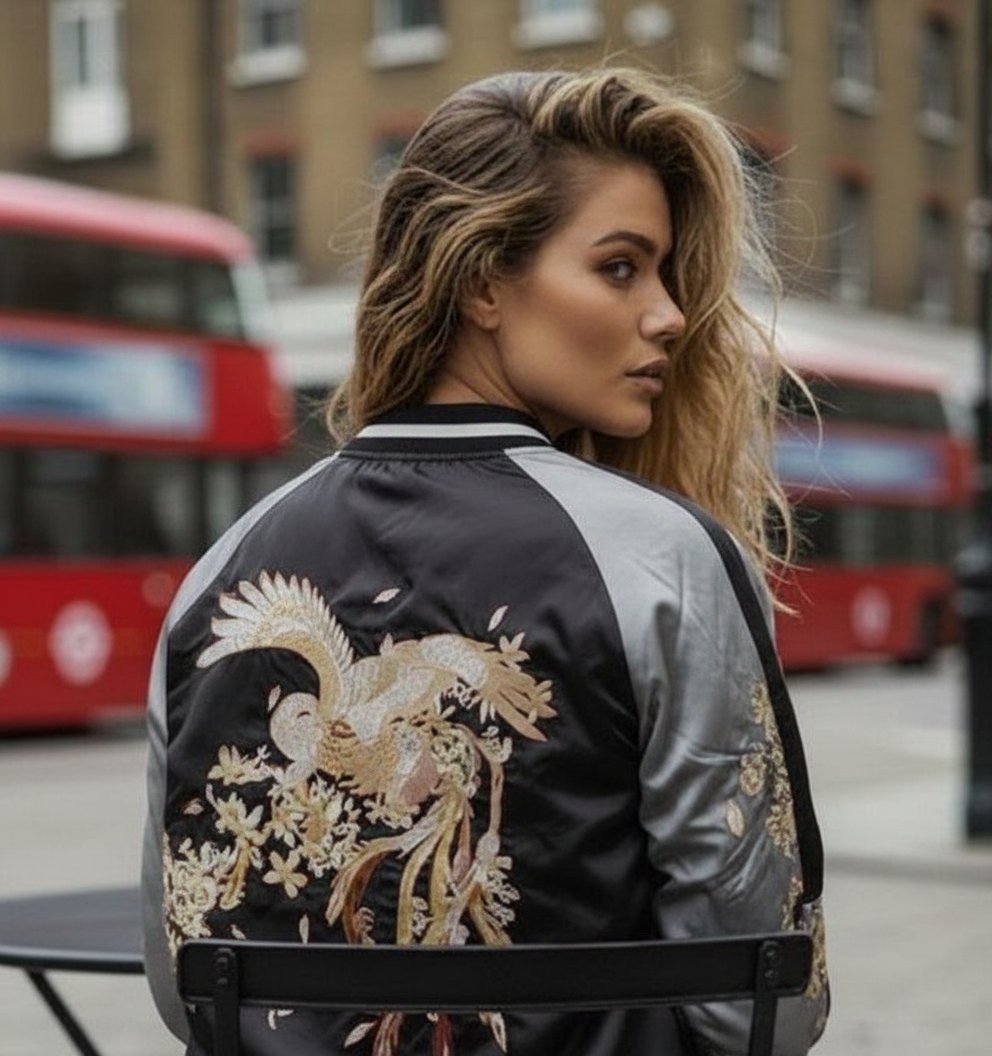 Kurtka Damska Bomberka Bejsbolówka Haft Żuraw Czarny #H-795 L