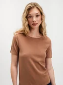 Swetry damskie - Brązowy sweter basic z krótkim rękawem - miniaturka - grafika 1