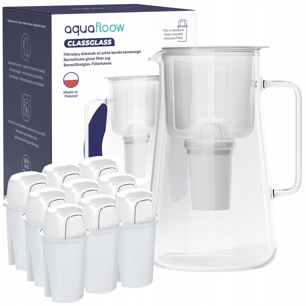 Szklany dzbanek filtrujący AquaFloow ClassGlass 3l biały + 10x filtr wody