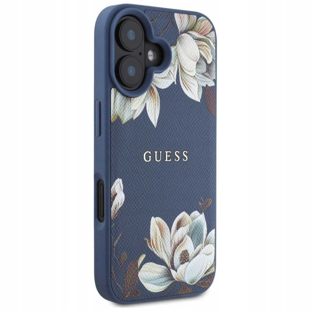 Guess Etui Grained Flower Pattern do MagSafe do iPhone 16, niebieskie z kwiecistym wzorem