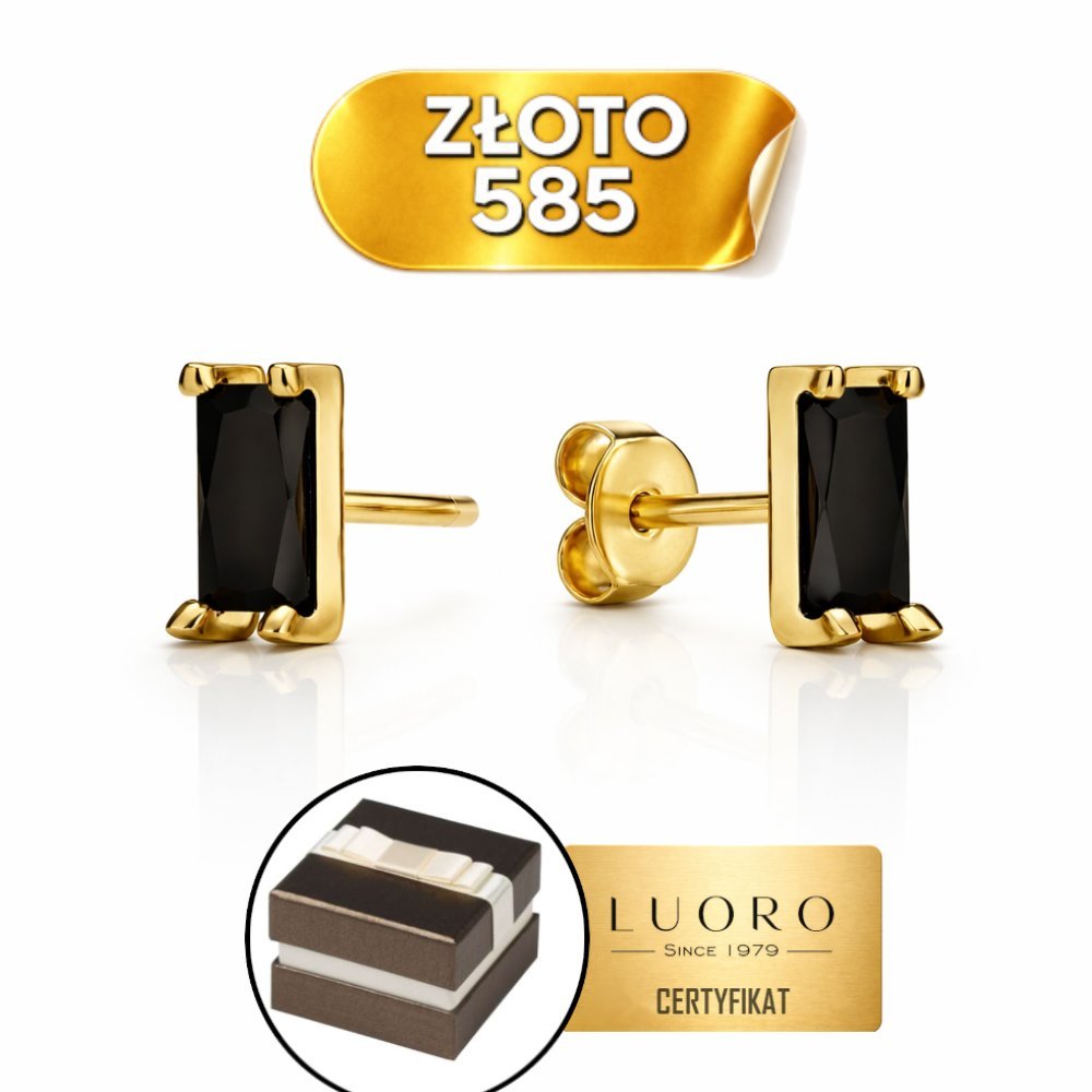 KOLCZYKI ZŁOTE 585 14K PROSTOKĄTY CZARNY KAMIEŃ SZTYFT 0,5 CM ELEGANCKIE